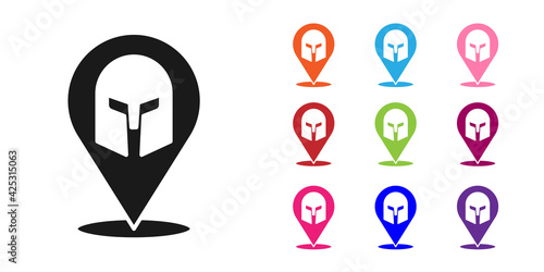 Black Greek helmet icon isolated on white background. Antiques helmet for head protection soldiers with a crest of feathers or horsehair. Set icons colorful. Vector