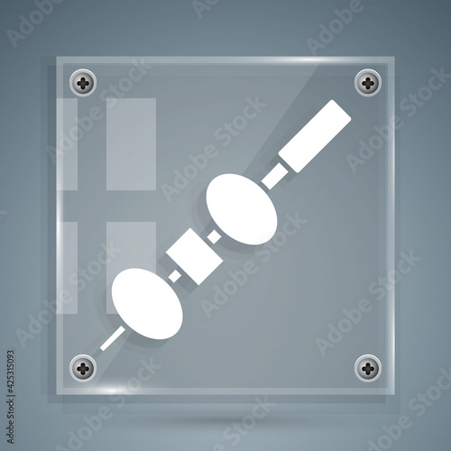 White Olive and cheese on chopstick icon isolated on grey background. Canape, tapas with cheese and olive. Square glass panels. Vector