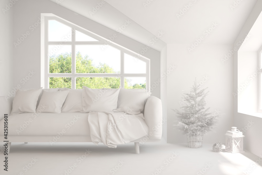 Mock up of minimalist living room in white color with sofa. Scandinavian interior design. 3D illustration Mock up of minimalist living room in white color with sofa. Scandinavian interior design. 3D illustration