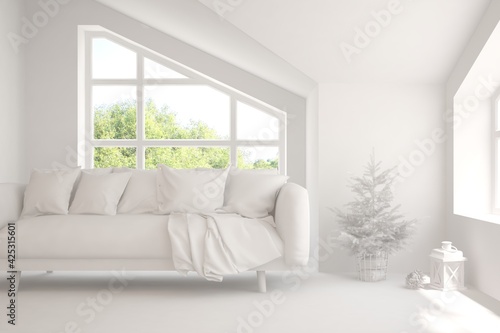 Mock up of minimalist living room in white color with sofa. Scandinavian interior design. 3D illustration