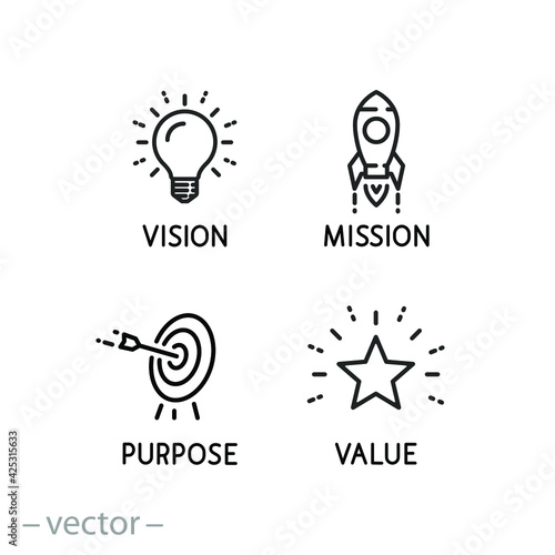 mission vision icon, value company purpose, strategic target, thin line symbol on white background - editable stroke vector eps10 photo