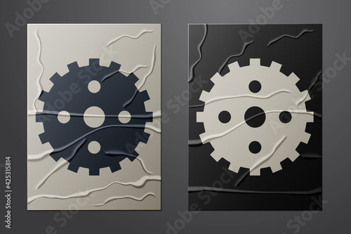 White Bicycle sprocket crank icon isolated on crumpled paper background. Paper art style. Vector