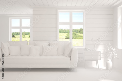 Minimalist living room in white color with sofa and summer landscape in window. Scandinavian interior design. 3D illustration