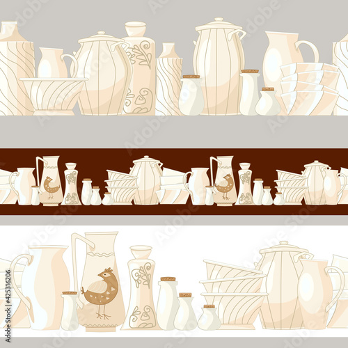 collection of seamless borders with white ceramic crockery for y