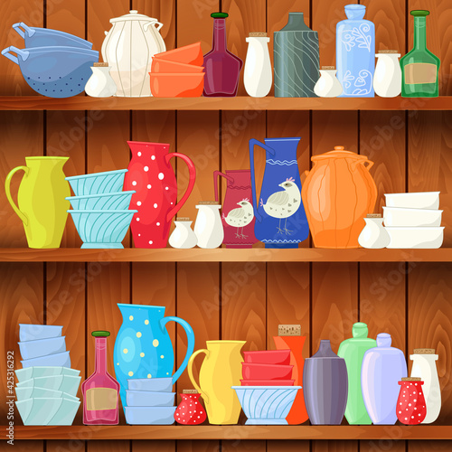 wooden shelves with nice colorful tableware against wood backgro