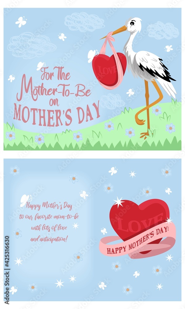 A5 or A6 Greeting Card Template For Mother-to-be on Mother's Day. Pastel blue and green layouts of front and back side of postcard with stork on flower meadow and text wish A5 or A6 Greeting Card Template For Mother-to-be on Mother's Day. Pastel blue and green layouts of front and back side of postcard with stork on flower meadow and text wish