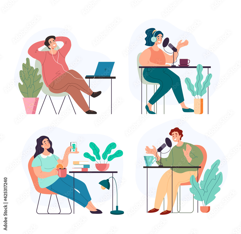 People man woman characers listening and recording audio podcast blogging interview podcasting concept. Vector flat graphic design illustration