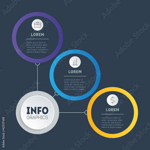 Best for business presentation with three parts. Example of infographics.  Structured business. Infographic of education process. Investor plan or presentation for 3 months or years.