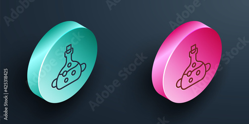 Isometric line Poison in bottle icon isolated on black background. Bottle of poison or poisonous chemical toxin. Turquoise and pink circle button. Vector