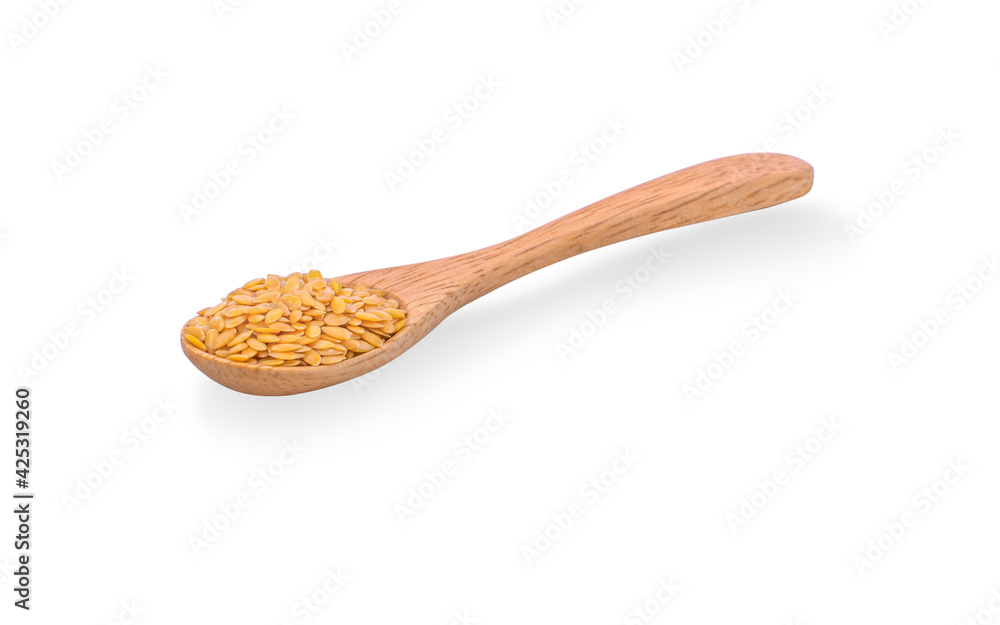 flax seeds in wood spoon isolated on white background flax seeds in wood spoon isolated on white background