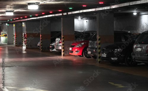 Underground garage in the city. Place for a cars. 