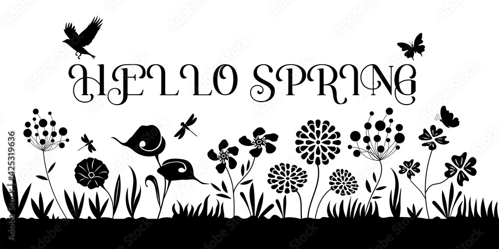 Hello Spring Sign with flower and flying bird Hello Spring Sign with flower and flying bird