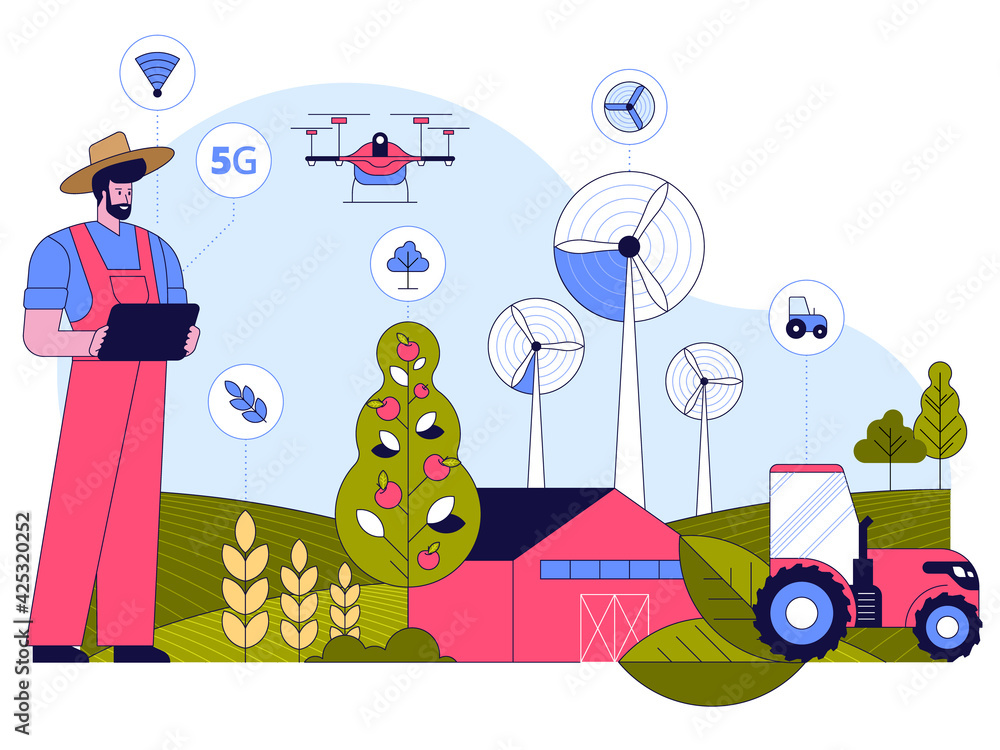 Obraz premium Smart farming concept. Farmer runs farm on tablet app, gathering data