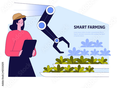 Smart farming concept. Woman managing farm with app