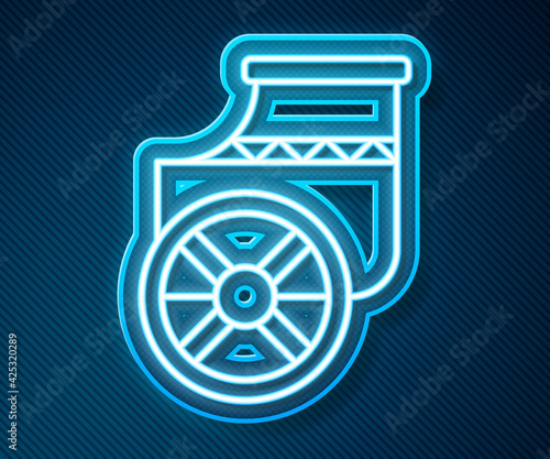 Glowing neon line Ancient Greece chariot icon isolated on blue background. Vector