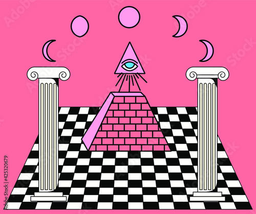 Surreal vaporwave landscape with a checkerboard floor, ancient columns and the all-seeing eye in a triangle. Trendy occult psychedelic style illustration.