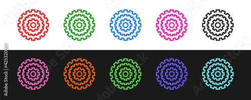 Set line Bicycle cassette mountain bike icon isolated on black and white background. Rear Bicycle Sprocket. Chainring crankset with chain. Vector