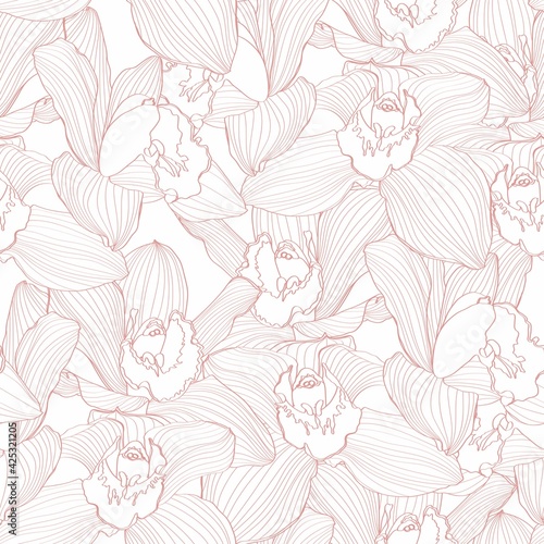 Seamless floral pattern with orchids Cymbidium, beige line on white. Hand drawn illustration for fabric, wrapping, prints and other design.