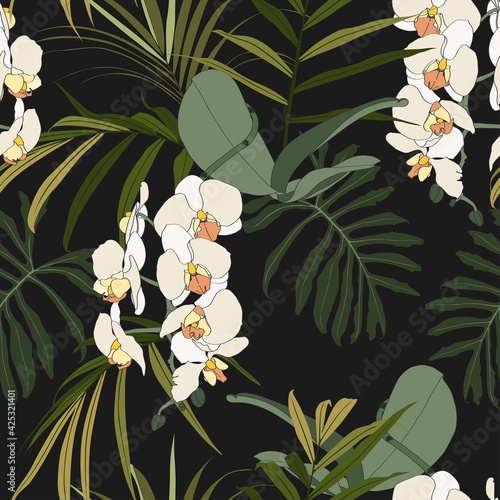 Vintage colors seamless tropical pattern with colorful leaves and orchids flowers on dark background. Seamless exotic pattern with tropical plants. Exotic wallpaper. 