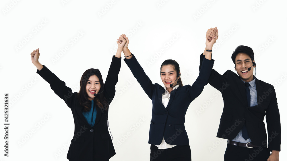 Isolated happy young adult asian people call center customer service team. Isolated happy young adult asian people call center customer service team.