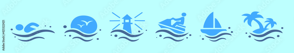 Fototapeta premium set of beach element cartoon icon design template with various models. vector illustration isolated on blue background
