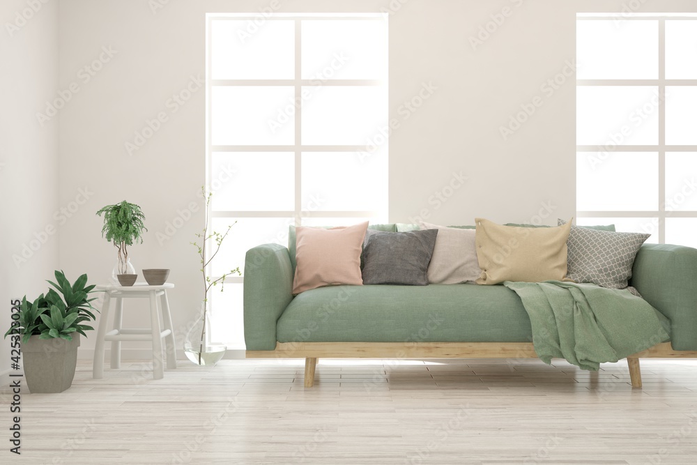 Fototapeta premium White living room with soft green sofa. Scandinavian interior design. 3D illustration