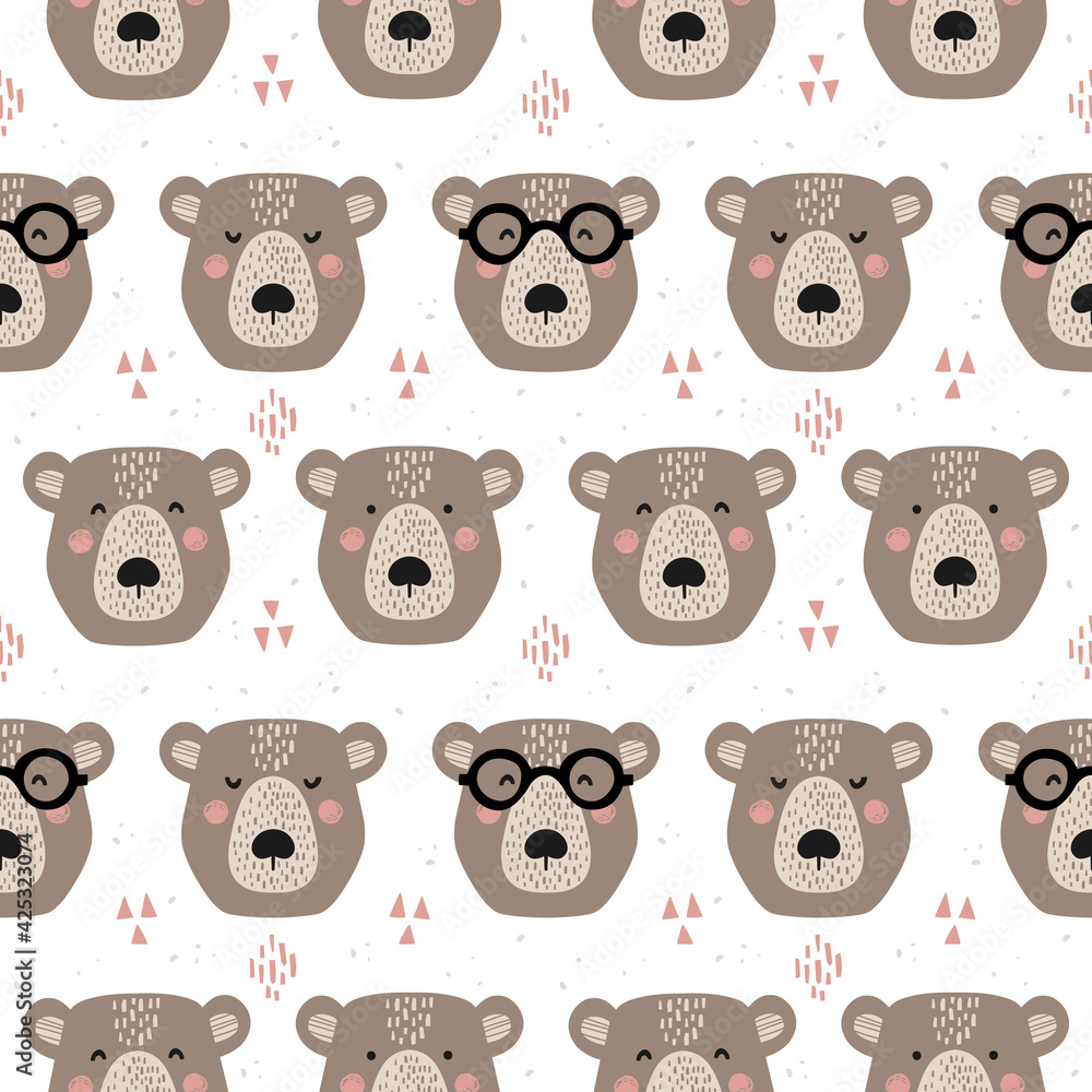 The face of a bear on a white background, different emotions. Hand-drawn illustration in Scandinavian style. Vector seamless pattern with texture and ornamental elements. Wild animals in the forest. The face of a bear on a white background, different emotions. Hand-drawn illustration in Scandinavian style. Vector seamless pattern with texture and ornamental elements. Wild animals in the forest.