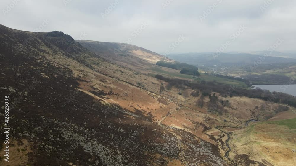 Stunning Dovestone Reservoir Aerial Drone Fly Over Peak District National Park Greenfield Saddleworth Moor Manchester	