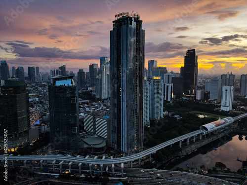 aerial view of Sunset in the skyscrapers of Jakarta. Jakarta, Indonesia, April 4, 2021