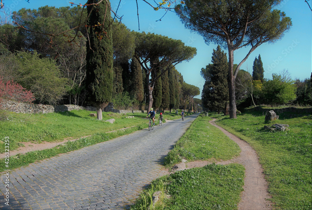 Appia Antica, Rome, pines and ruins of ancient Rome, people on bicycles.