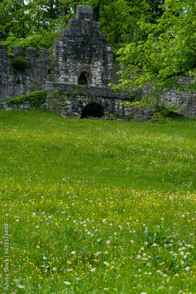 Baumgarten, a large park near Hohes Schloss in Fuessen, ruins of destroyed castle.