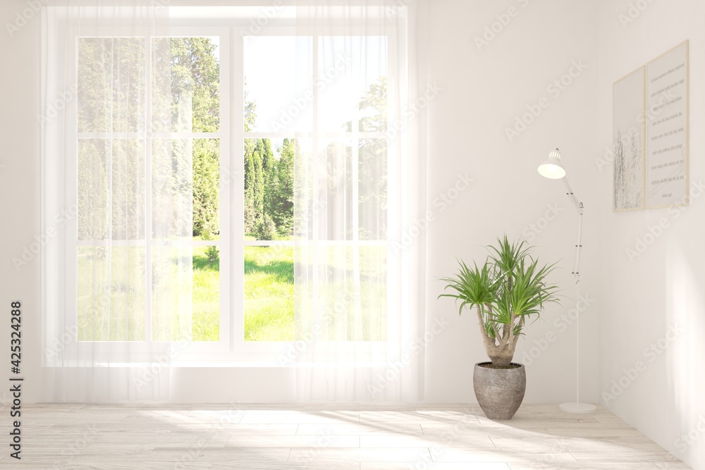 Fototapeta premium White empty room with summer landscape in window. Scandinavian interior design. 3D illustration