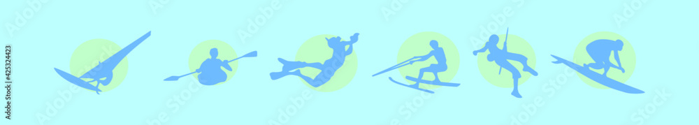set of water sports cartoon icon design template with various models. vector illustration isolated on blue background