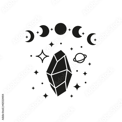 Hand drawn moon phases with crystal, planet and stars.