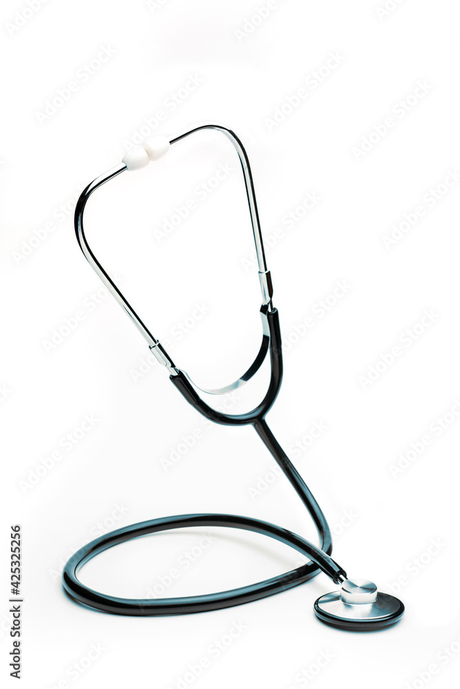 A medical stethoscope stands in a cobra pose, isolated on a white background. A medical stethoscope stands in a cobra pose, isolated on a white background.