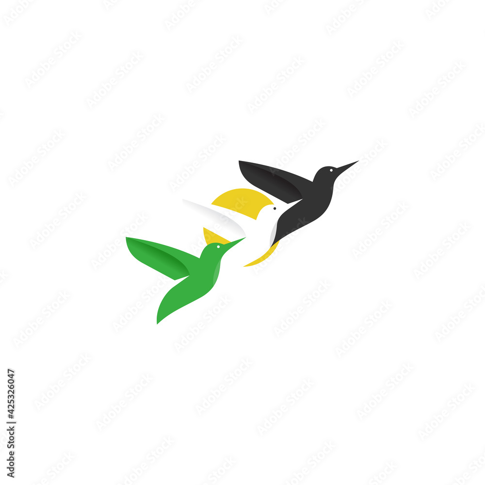 Naklejka premium 3 hummingbirds fly in line in jamaican color accent design - negative space bird logo template vector