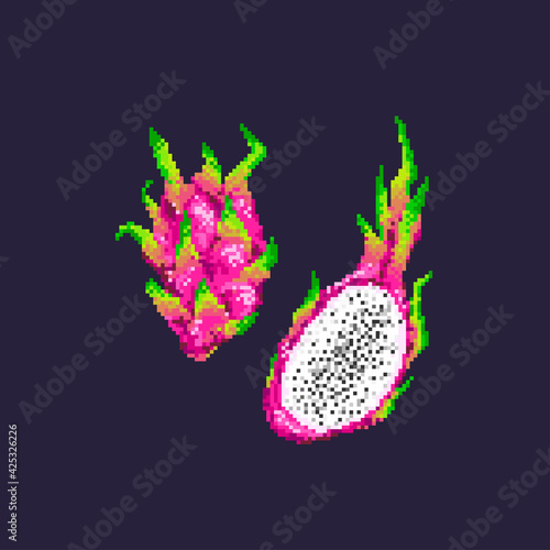 Pixel-art pitaya. Dragon fruit. Whole pitaya and slice of pitaya on dark blue background.