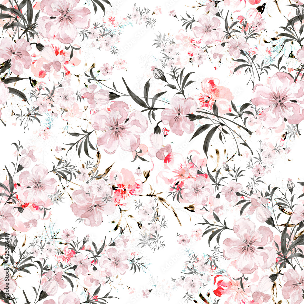 Watercolor seamless pattern of delicate flowers 