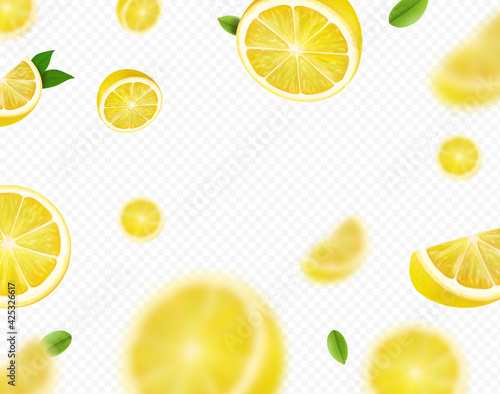 Fresh lemon fruit with green leaves. Falling lemon slices Motion blur on transparent background. Vector illustration