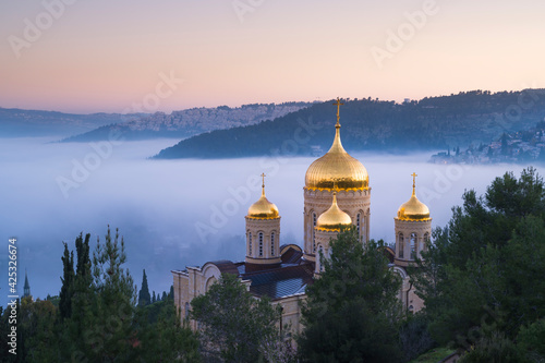 Beautiful view of cloud inversion in the Judean Hills, with the Gorny or 