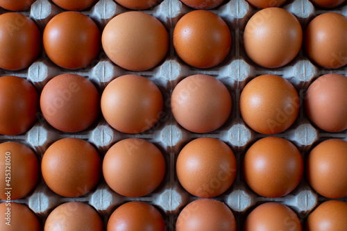Rural, raw and fresh eggs in cartoon egg box tray, close-up with soft and select focus and isolated copy space.