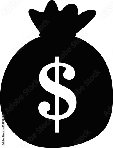 Vector illustration of the black silhouette of a money bag with the dollar sign