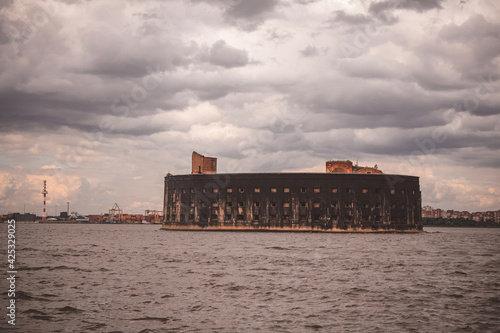 The old fortress washed from all sides by water on a cloudy day