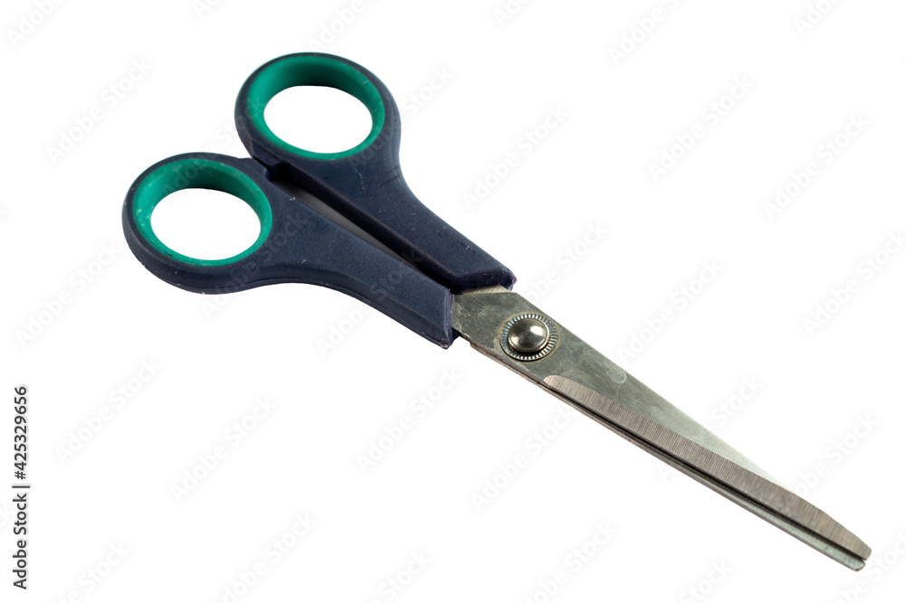 Detail of scissors isolated on white background. Close up macro shot. Horizontal macro photography view. Detail of scissors isolated on white background. Close up macro shot. Horizontal macro photography view.