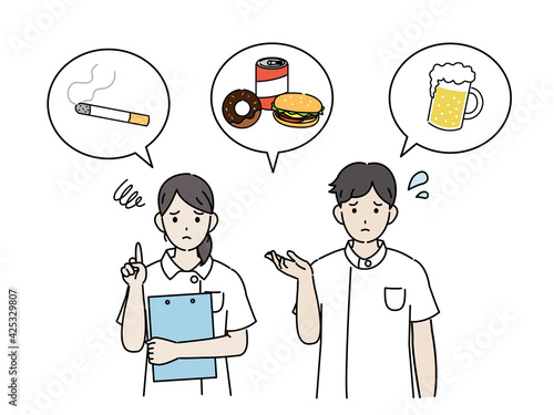 健康に注意をする医者　看護師　男女　不健康　指示　心配　イラスト素材
