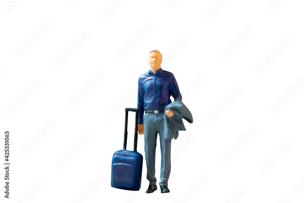 Miniature people Businessman with luggage on white background Miniature people Businessman with luggage on white background