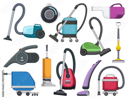 Vacuum cleaner vector cartoon icon set . Collection vector illustration device vac on white background. Isolated cartoon icon set vacuum cleaner for web design.