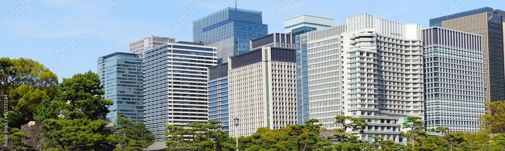 Obraz premium Tokyo, Japan - March 2021: Imperial palace Gaien park surrounded by skyscraper in Tokyo, Japan. Panoramic view - 皇居 外苑 東京