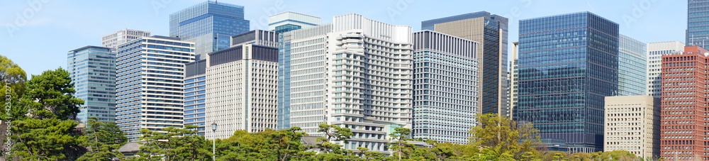 Tokyo, Japan - March 2021: Imperial palace Gaien park surrounded by skyscraper in Tokyo, Japan. Panoramic view - 皇居 外苑 東京