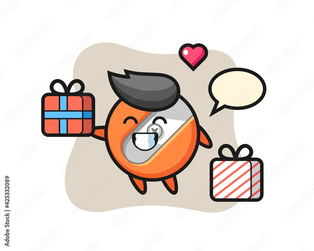 Naklejka premium pencil sharpener mascot cartoon giving the gift